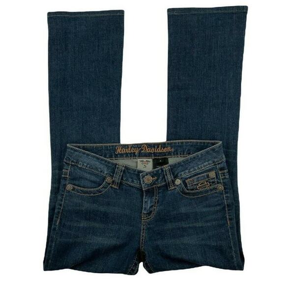 Harley Davidson Denim Jeans Women Size 6 Bootcut Stretch Med Wash Whiskers Blue - Picture 4 of 9